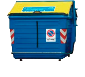 Contenidor blau amb la tapa groga per residus reciclables: paper, cartró, plàstic,...